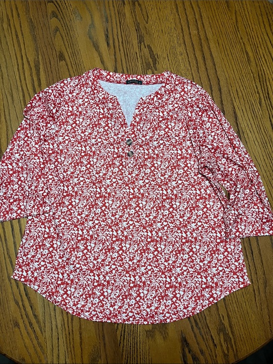 Ofeefan Tops - Red Floral Split-Neck Tunic Top